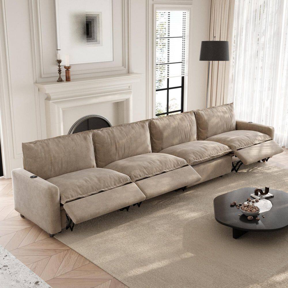 149 in. Square Arm 4-Piece Rectangle Linen Modular Sectional Sofa with Extra Wide Cushions, Heat, USB Port in Khaki