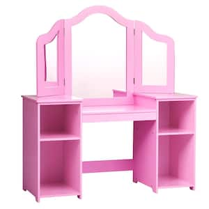 Pink Vanity Table Set Makeup Dressing Kids Girls Study Table Tri Folding Mirror Playard