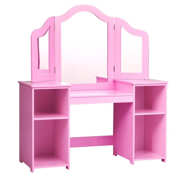 Vanity Table Set Makeup Dressing Kids Girls Study Table Tri Folding Mirror Pink 