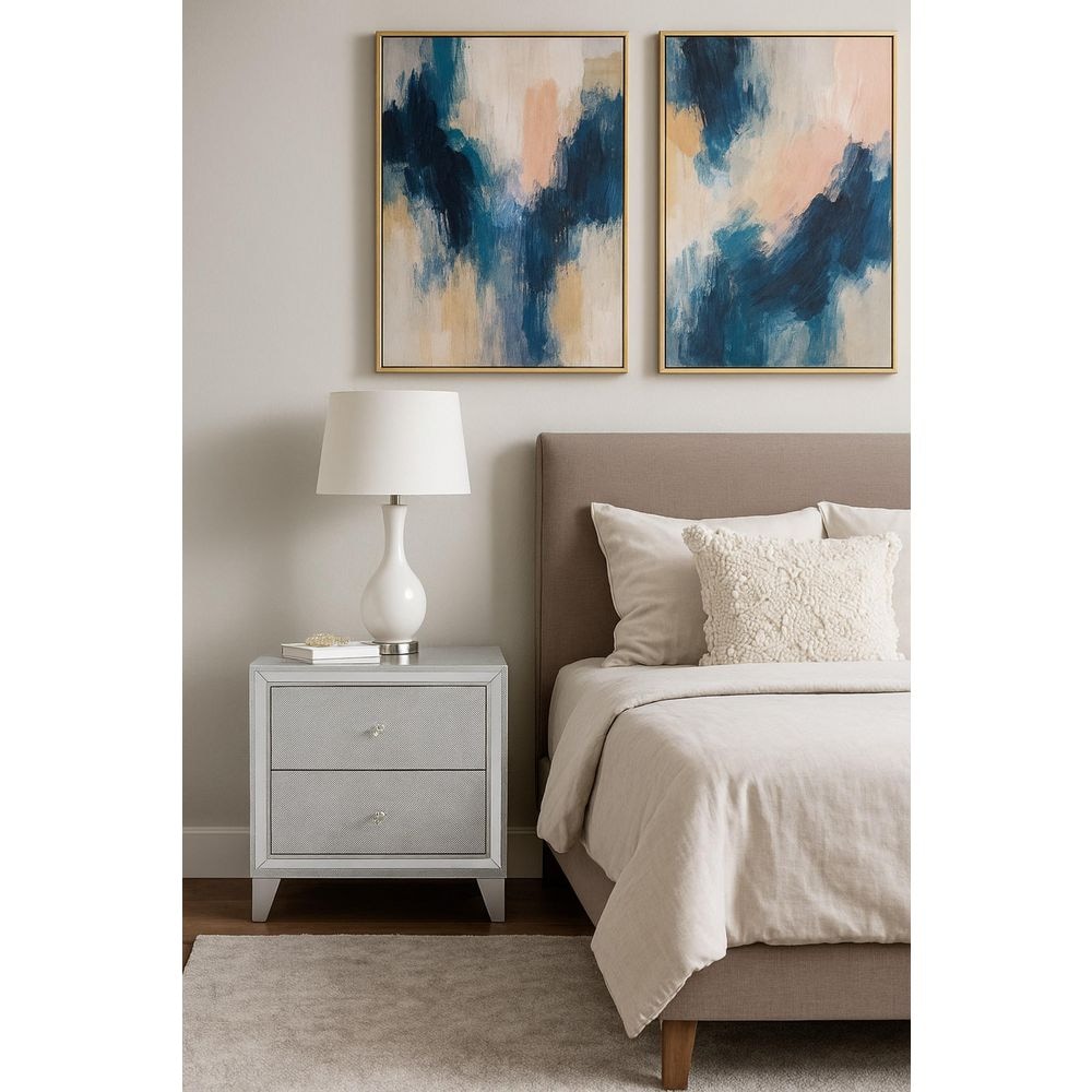 Silver 2 Drawer 27 in. W Nightstand with Inbuilt Charging USB Port