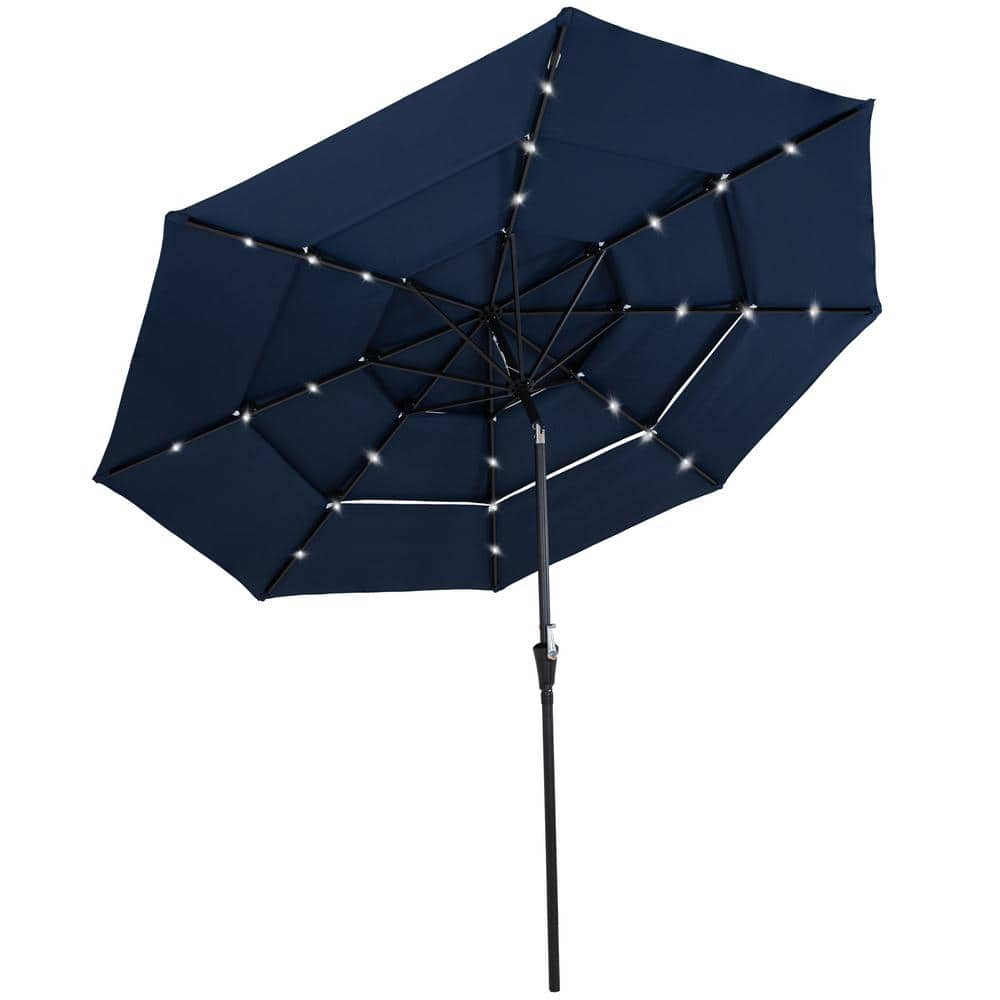 Navy Blue 10 ft Steel Market Umbrella with Solar LED Lights