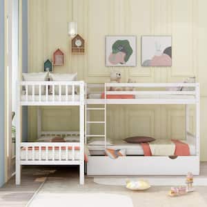 White L-Shaped Bunk Beds for 4,Twin Over Twin Bunk Bed with Drawers, Solid Wood Twin Size Bunk Bed Fram for Kids,Teens