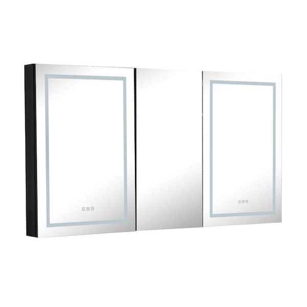 ANGELES HOME 66 in. W x 36 in. H Rectangular Black Aluminum Surface Mount LED Medicine Cabinet with Mirror, 3 Open Doors