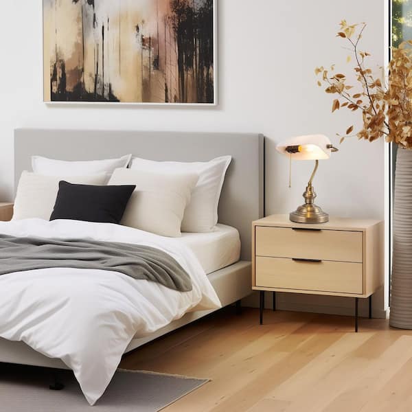 13 in. Gold Bedside Banker Lamp with White Glass Shade Vintage Desk Light with Pull Chain for Bedroom or Study