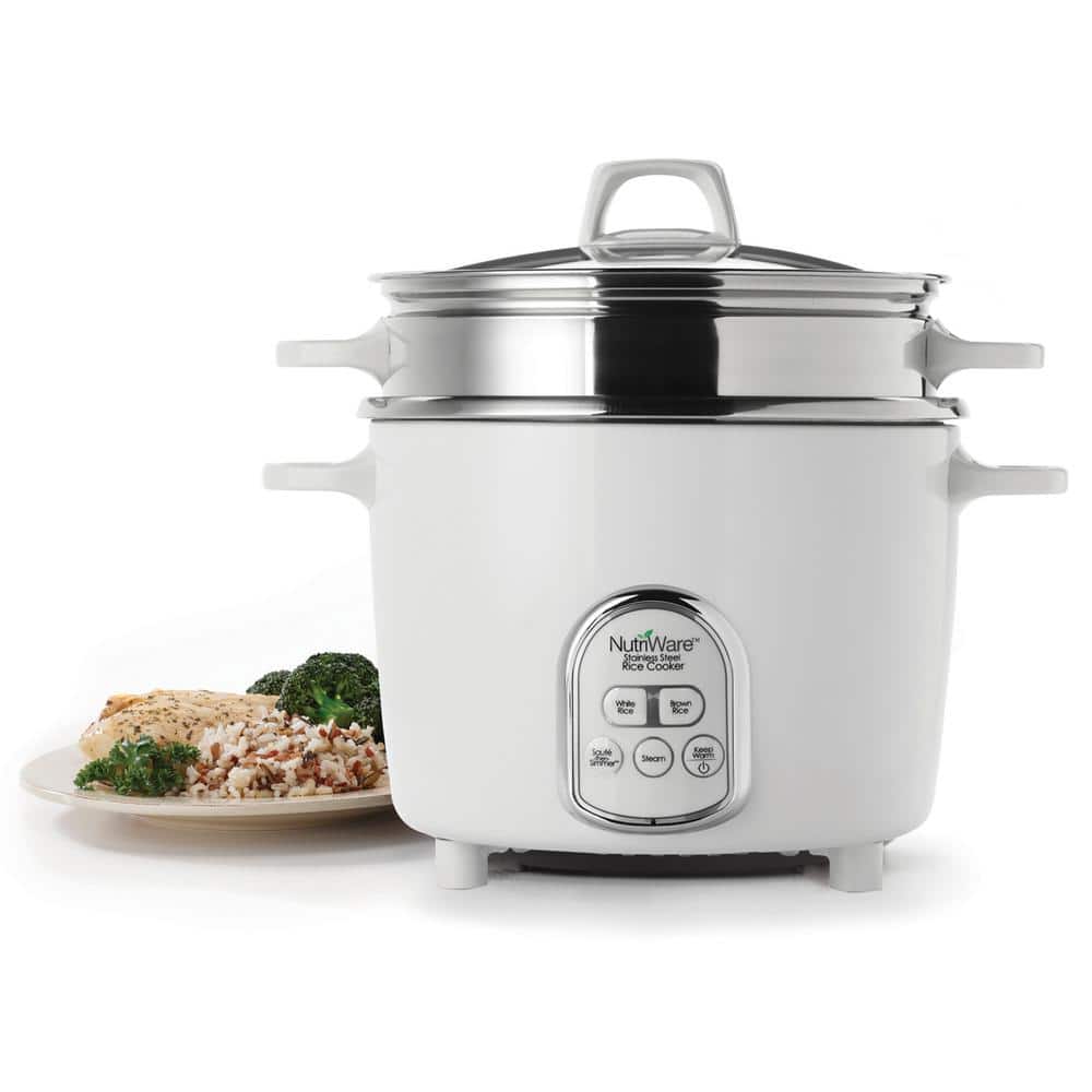 14-Cup White Stainless Steel Digital Rice Cooker with Steamer