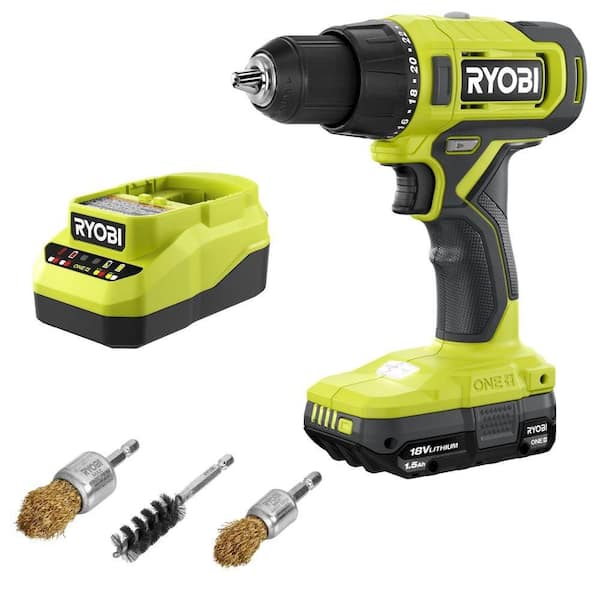 ONE+18V Cordless 1/2 in. Drill/Driver Kit with (1) 1.5 Ah Battery and Charger & Detail Wire End Set (3-Pieces)