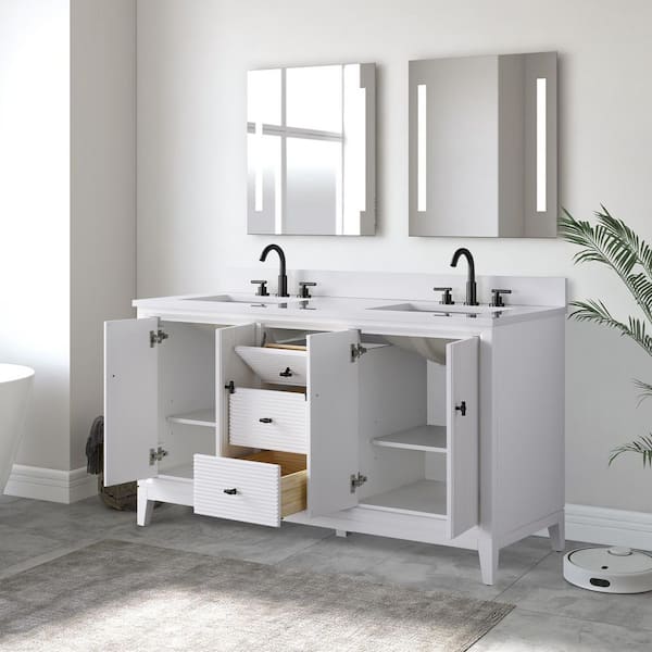 60 in. W x 22 in. D Double Sink Freestanding White Bath Vanity Cabinet with White Engineered Marble Top