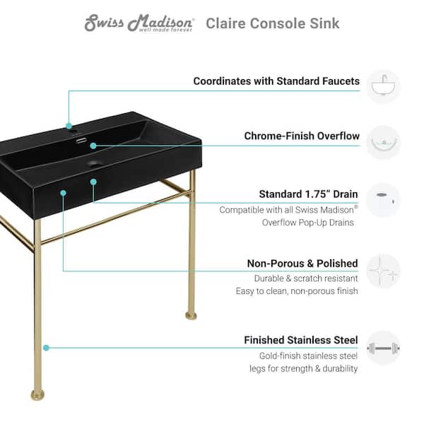 Claire 30 in. Ceramic Matte Black Console Sink Basin Gold Legs