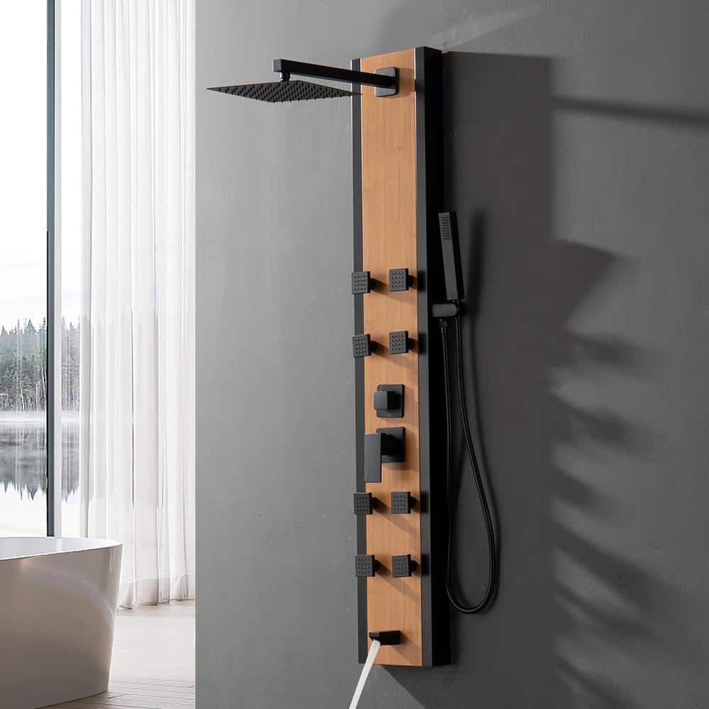57'' Black and Bamboo Shower Panel System with Body Jets