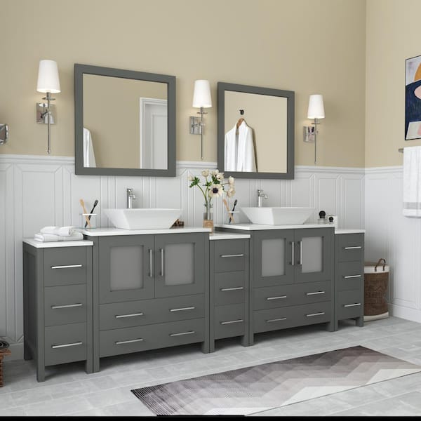 Ravenna 96 in. W Bathroom Vanity in Grey with Double Basin in White Engineered Marble Top and Mirrors