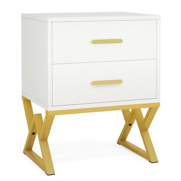BYBLIGHT Fenley 2-Drawer White and Gold Nightstand 15.75"D x 19.68"W x 23.62"H, Modern Night Stands Bedside Table for Bedroom