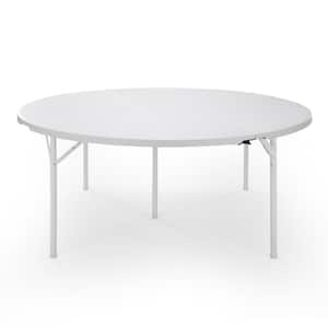 White 66 in. Steel Round Folding Portable Outdoor Dining Table with Carrying Handle for Parties, Banquets and Events
