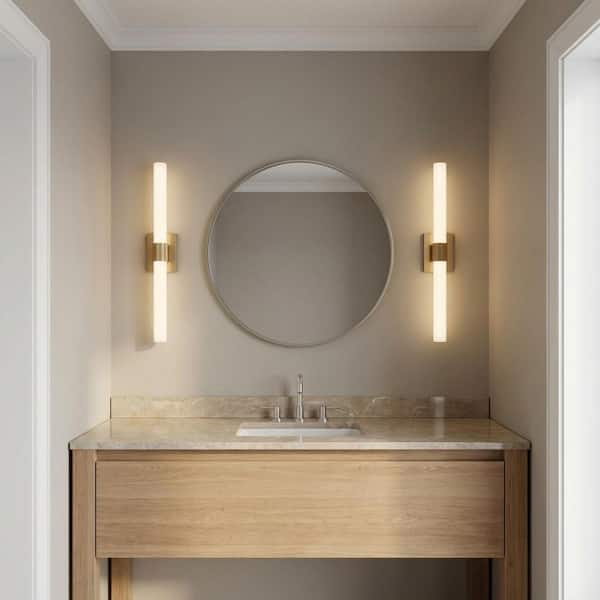 Sarco 36 in. W x 5 in. H Satin Brass Modern Dimmable LED Bathroom Vanity Light with White Acrylic Shade