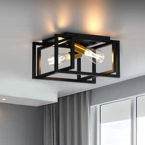 12 in. 2-Light Black and Gold Flush Mount Industrial Vintage Iron Square Ceiling Light, E26 Base, No Bulbs Included