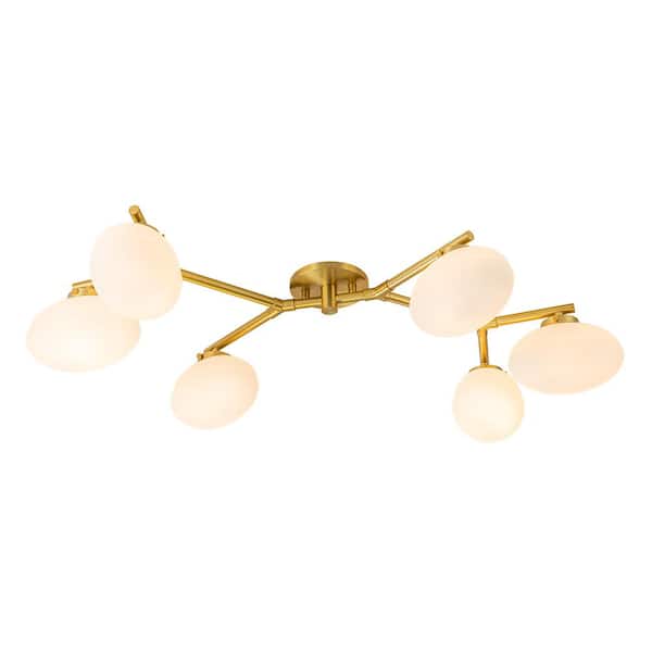 HUOKU Ceder 47.7 in.W 6-Light Oversize Aged Brass Modern Semi-Flush Mount Chandelier With Oval Frosted Opal Glass