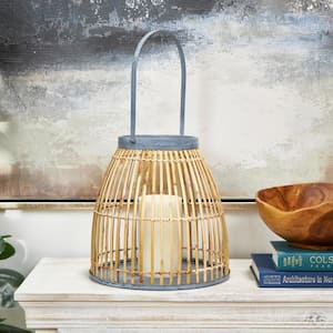 Brown Bamboo Handmade Woven Open Framed Caged Style Candle Lantern with Blue Metal Accents and Handle
