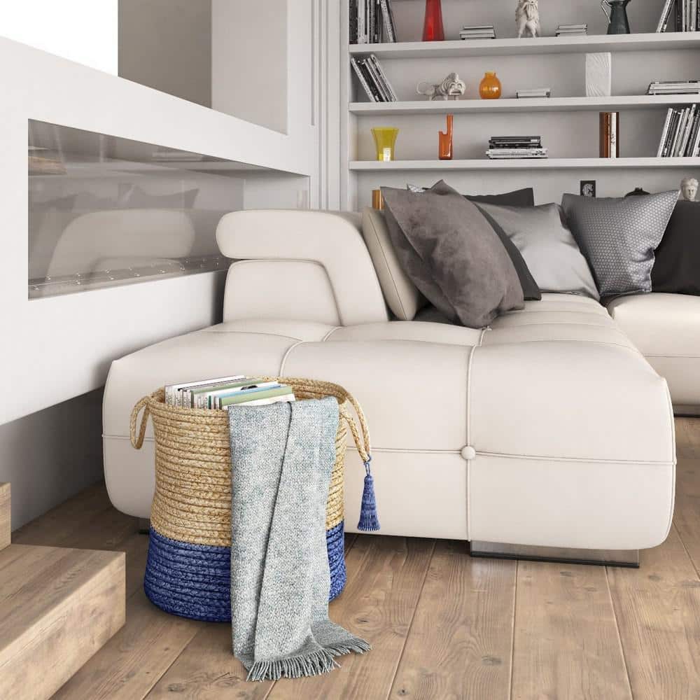 Amara Tan / Sapphire Blue Two-Tone Natural Jute Woven Decorative Storage Ba