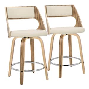 Cecina 24.5 in. Cream Faux Leather, Zebra Wood, Chrome Metal Fixed-Height Counter Stool Round Footrest (Set of 2)