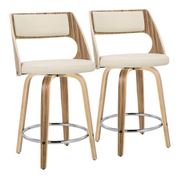 Lumisource Cecina 24.5 in. Cream Faux Leather, Zebra Wood, Chrome Metal Fixed-Height Counter Stool Round Footrest (Set of 2)