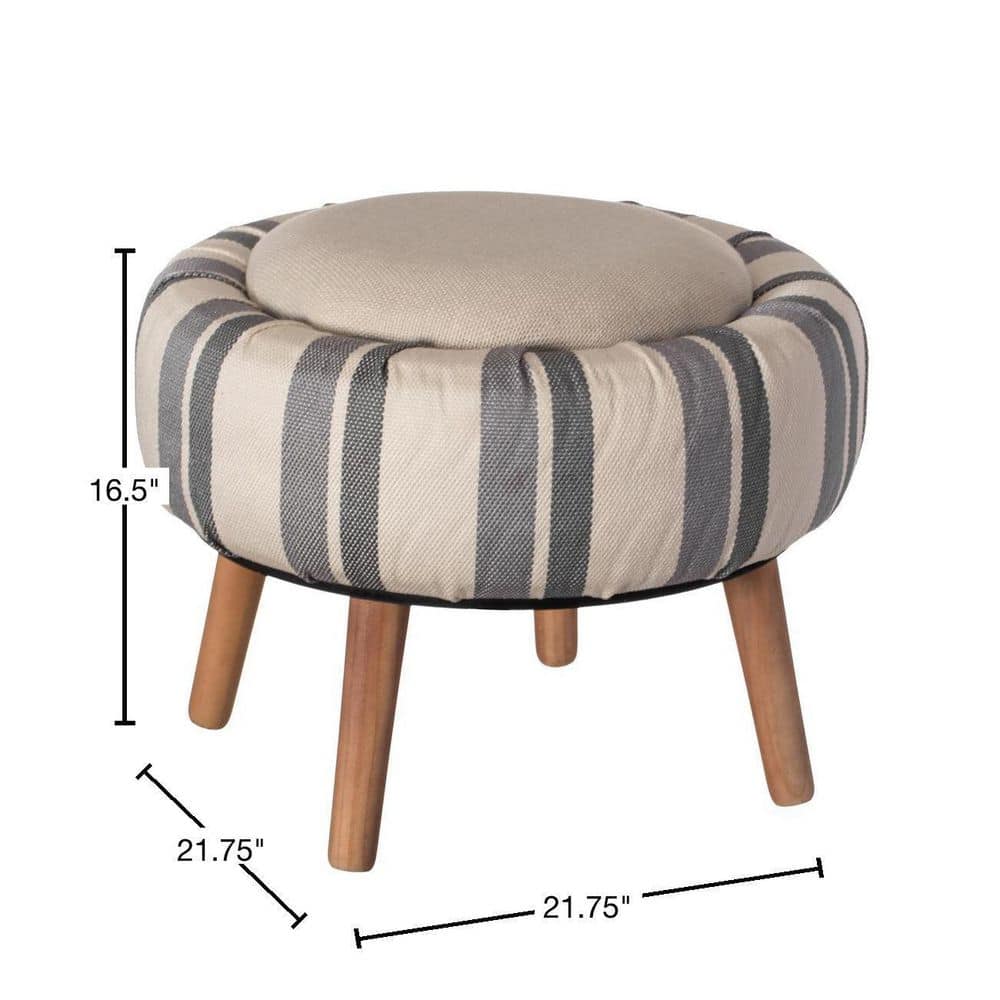 Chic Striped White and Blue Round Fabric Storage Ottoman