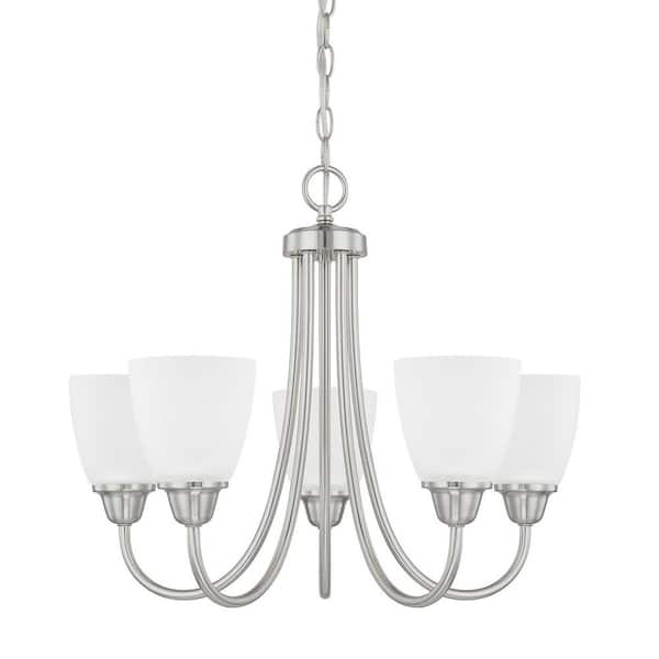 HOMEPLACE LIGHTING Trenton 21 in. W x 17 in. H 5-Light Acid Washed Glass Chandelier in Brushed Nickel