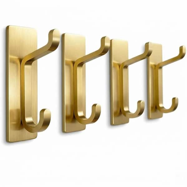 Self Adhesive Heavy Duty J-Hook Robe/Towel Hook in Brushed Gold for Bathroom and Kitchen Wall, 4 Pack