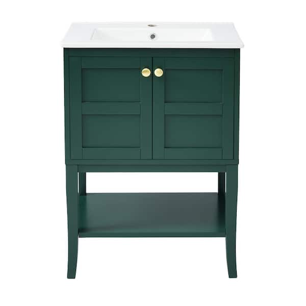 XUJMK 24 in. W x 18 in. D x 34 in. H Freestanding Bath Vanity in Green W/ White Ceramic Top, 24 in. Bathroom Vanity with Sink