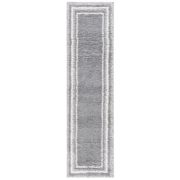 Border and Stripe Shag 2 ft. x 8 ft. Gray/Ivory Concentric Border Runner Rug