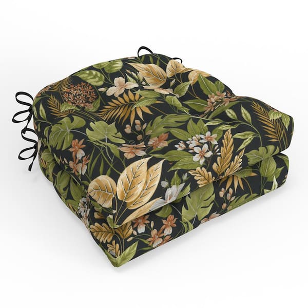 Pillow Perfect Tropic Floral 19 in. W x 4 in. D Outdoor Square Tufted Wicker Seat Cushion with Ties, 2-Count, 19x19 Black Carena Ebony