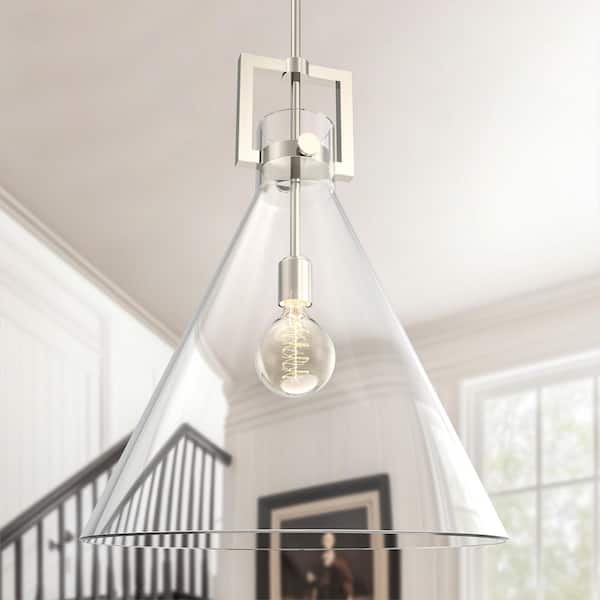 18 in. 1-Light Modern Cone Brushed Nickel Pendant Light with Clear Glass Shade for Kitchen Island