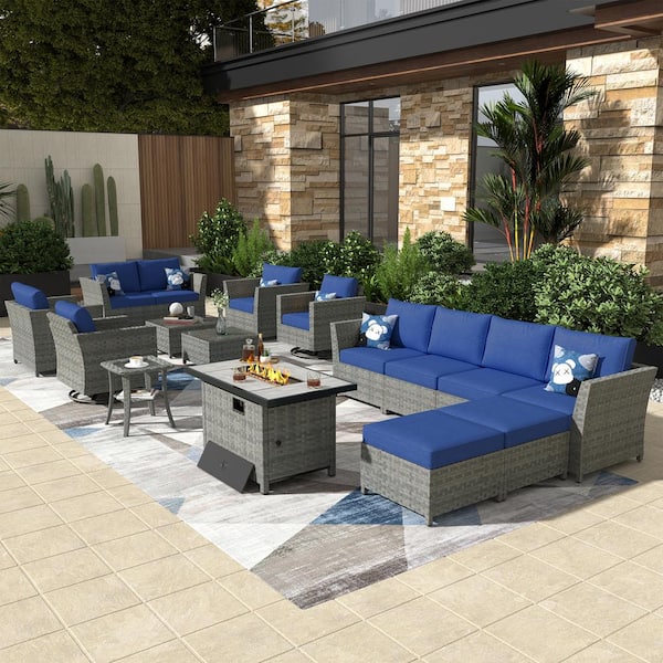 OVIOS Bexley Gray 16-Piece Wicker Rectangle Fire Pit Patio Conversation Set with Navy Blue Cushions and Swivel Chairs