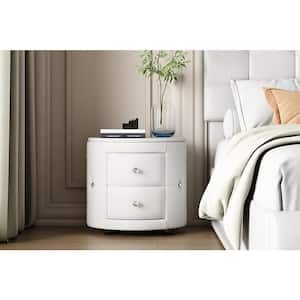 White 2-Drawers PU Nightstand Bedside Table with Crystal Handle for Bedroom