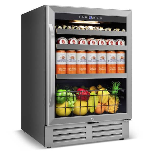 23.42 in. Single Zone 180-Cans Beverage Cooler with 3-Removable Shelves, Built-in Warm Light in Stainless Steel