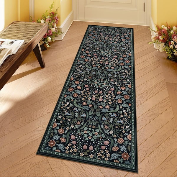 Multi-Colored Floral Plant Washable Black 2 ft. x 6 ft. Runner Rug