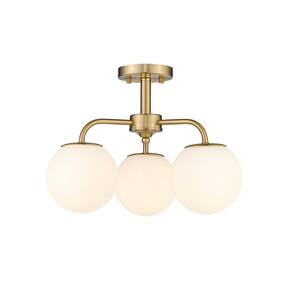 Melpark 3-Light Brushed Gold Semi-Flush Mount with Frosted Glass Shades