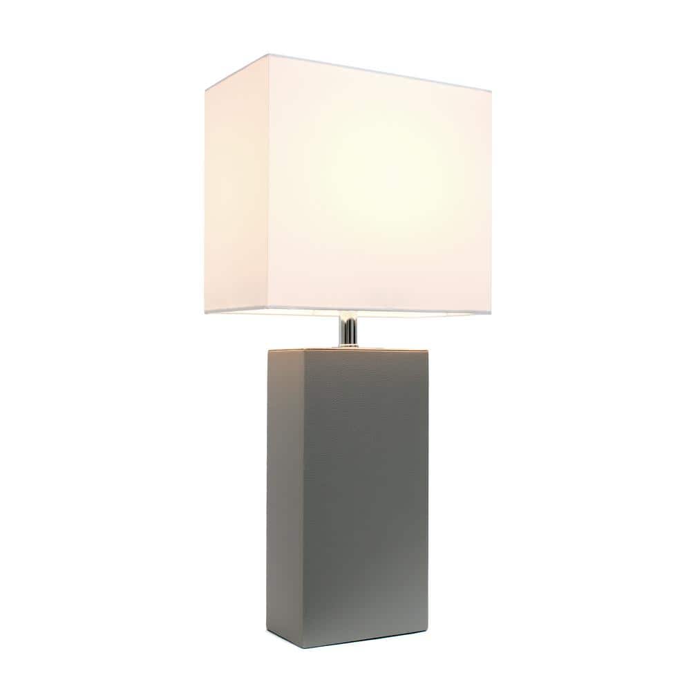 Gray Leather Table Lamp with White Fabric Shade