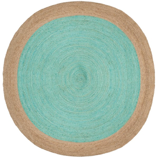 SAFAVIEH Natural Fiber Aqua/Beige 8 ft. x 8 ft. Round Border Area Rug