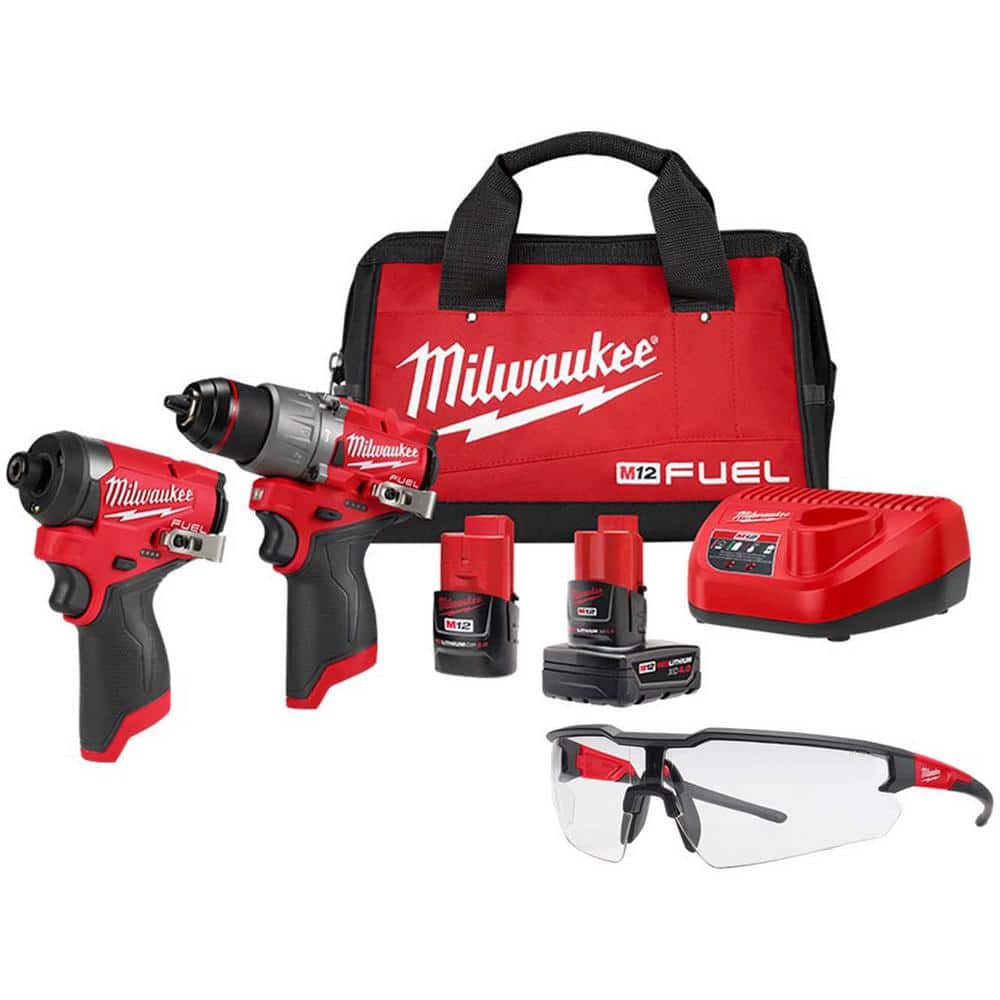 Milwaukee M12 12-Volt Cordless FUEL Brushless Hammer Drill & Impact Driver Combo Kit w/2 Batteries & Bag & Clear Safety Glasses -  3497-22-48-73
