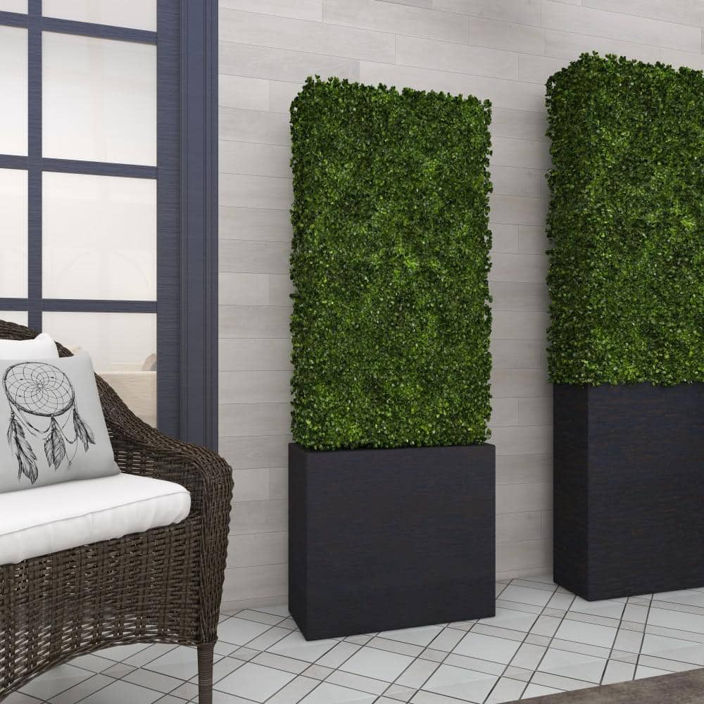 Green Plastic Boxwood Hedge Topiary with Black Planter Box
