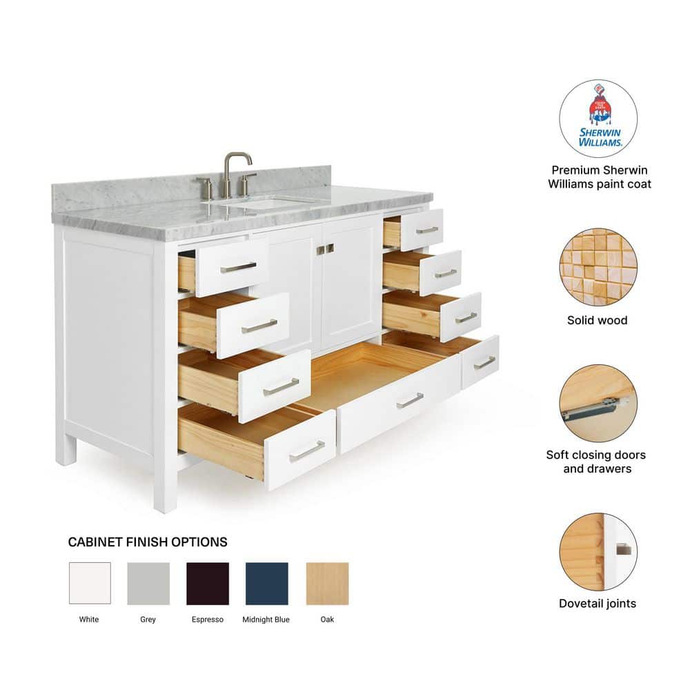 Cambridge 61" White Marble Top Single Vanity with Storage