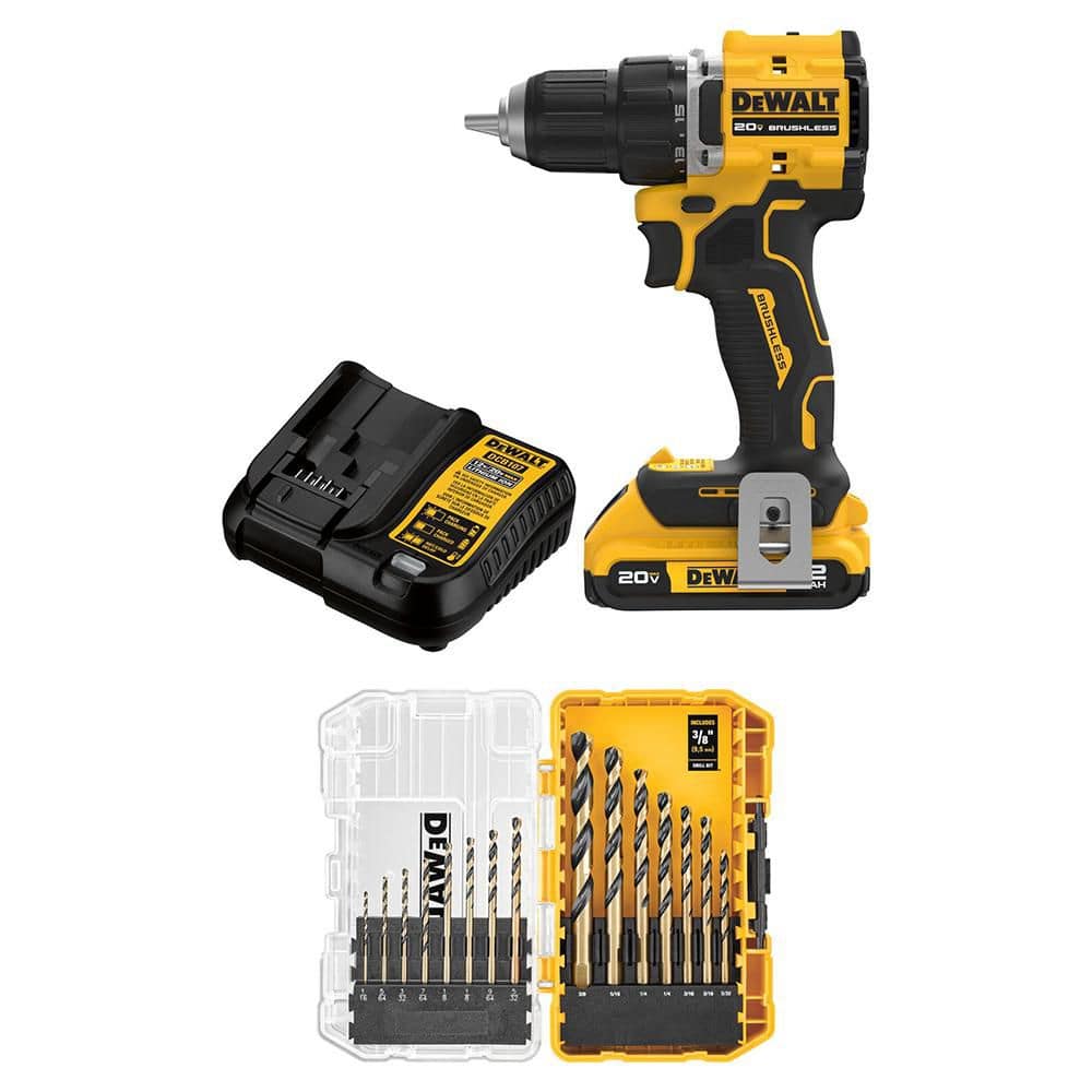 ATOMIC 20V Lithium-Ion Cordless Compact 1/2 in. Drill/Driver Kit and Drill Bit Set (15-Piece) with 2Ah Battery & Charger