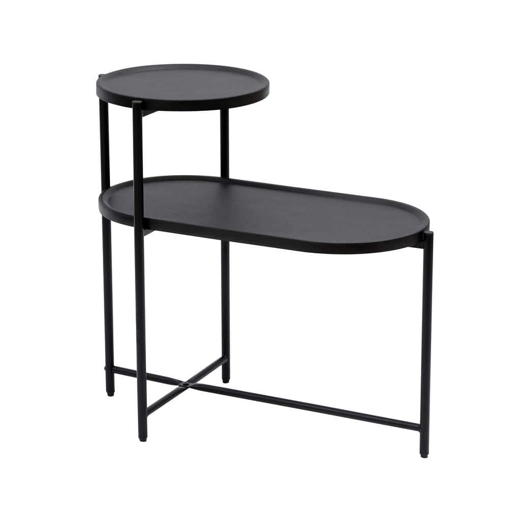 Black Metal Oval Outdoor Coffee Tables, Sofa Side Table with 2-tier Wood St