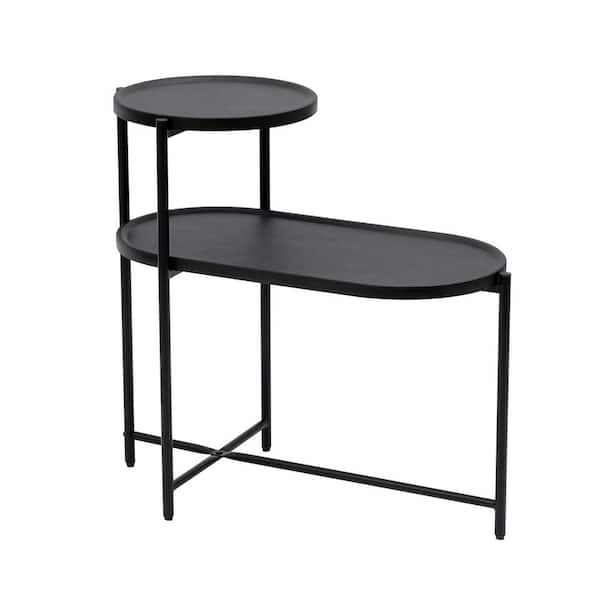 Black Metal Oval Outdoor Coffee Tables, Sofa Side Table with 2-tier Wood Storage Shelf