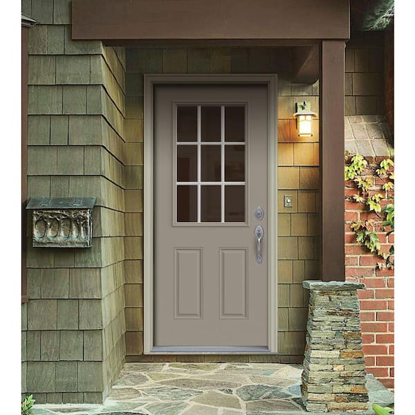 34 in. x 80 in. 9 Lite Desert Sand Painted Steel Prehung Left-Hand Inswing Entry Door w/Brickmould