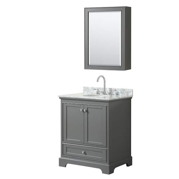 Wyndham Collection Deborah 30 in. Single Vanity in Dark Gray with Marble Vanity Top in White Carrara with White Basin and Medicine Cabinet