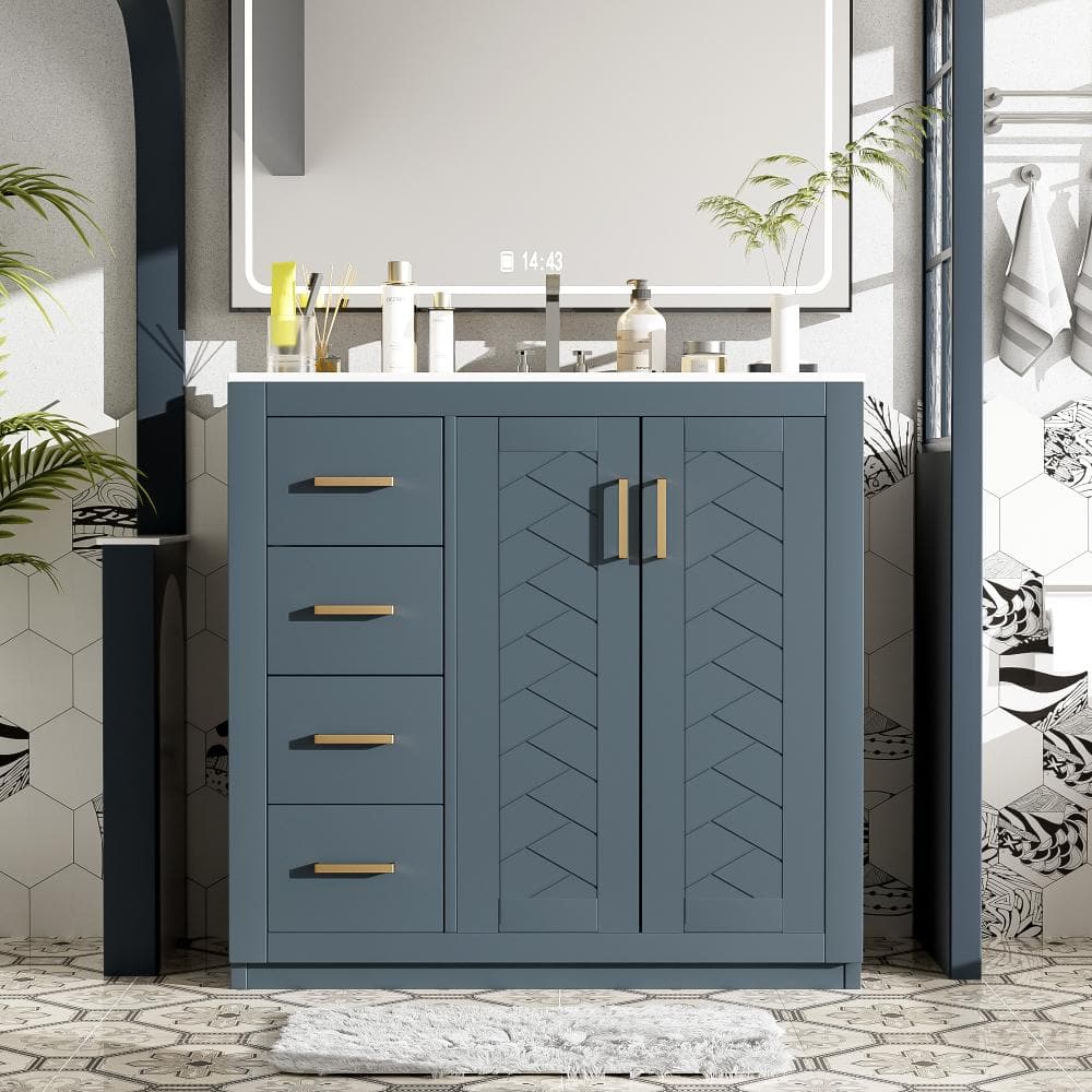 36 in. W Blue Freestanding Bathroom Vanity with Ceramic Sink, 3 Drawers, Soft-Close Doors and Chevron Groove Panels price history on PriceWatchPro