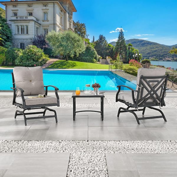 Patio Festival 3-Piece Metal Patio Conversation Rocking-Motion Seating Set with Light Gray Cushions