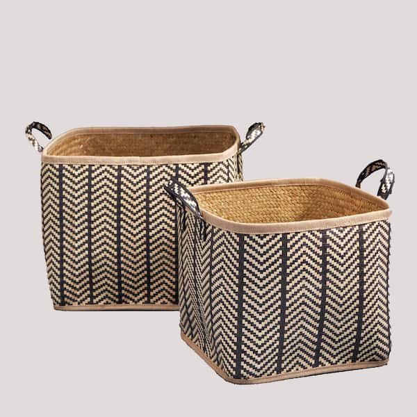Unbranded Brown 16 in. x 17 in. Square Palm Leaf Woven Wicker Decorative Basket with Handles Set of 2 for Clothes, Picnic and Home