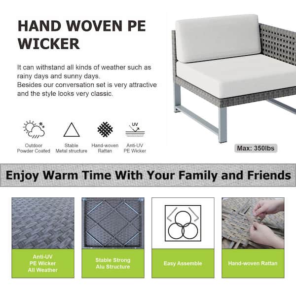 Black Wicker Rattan 9-Piece Steel Outdoor Patio Conversation Set with Gray Cushion and 43 in. Fire Pit Table