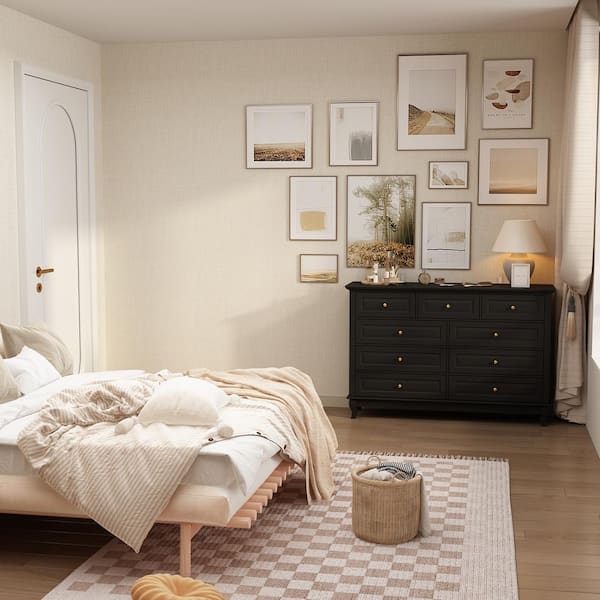 FUFU&GAGA 9-Drawer Black Wood Dresser Bedroom Storage FUFU&GAGA 9-Drawer Black Wood Dresser Bedroom Storage